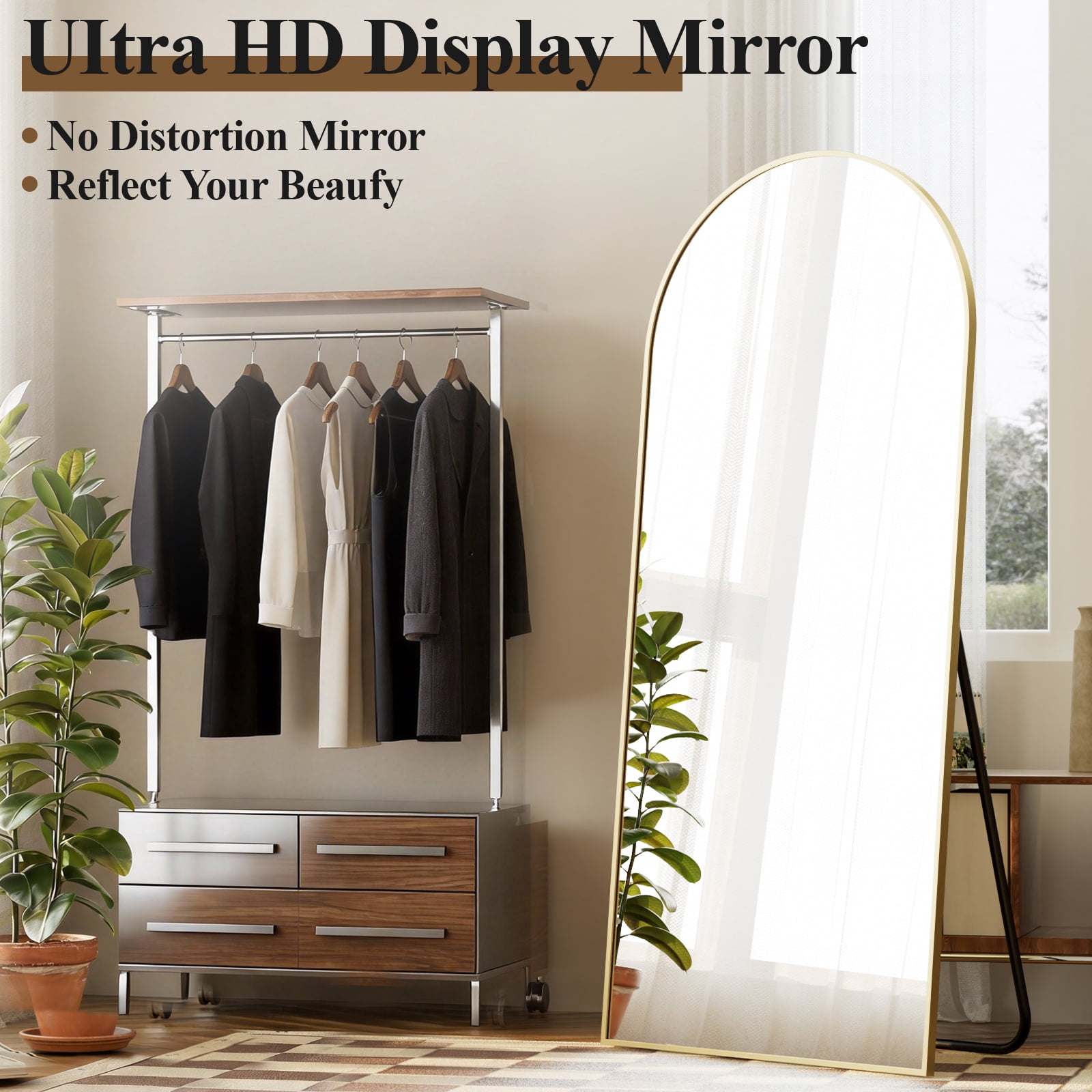 AUROMIR 56"x21" Arched Full Length Mirror Floor Mirror Full Body Standing Mirror, Gold