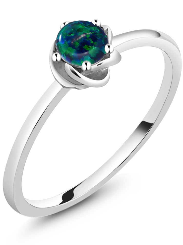 0.50 Ct Round Cabochon Green Simulated Opal 10K White Gold Ring by