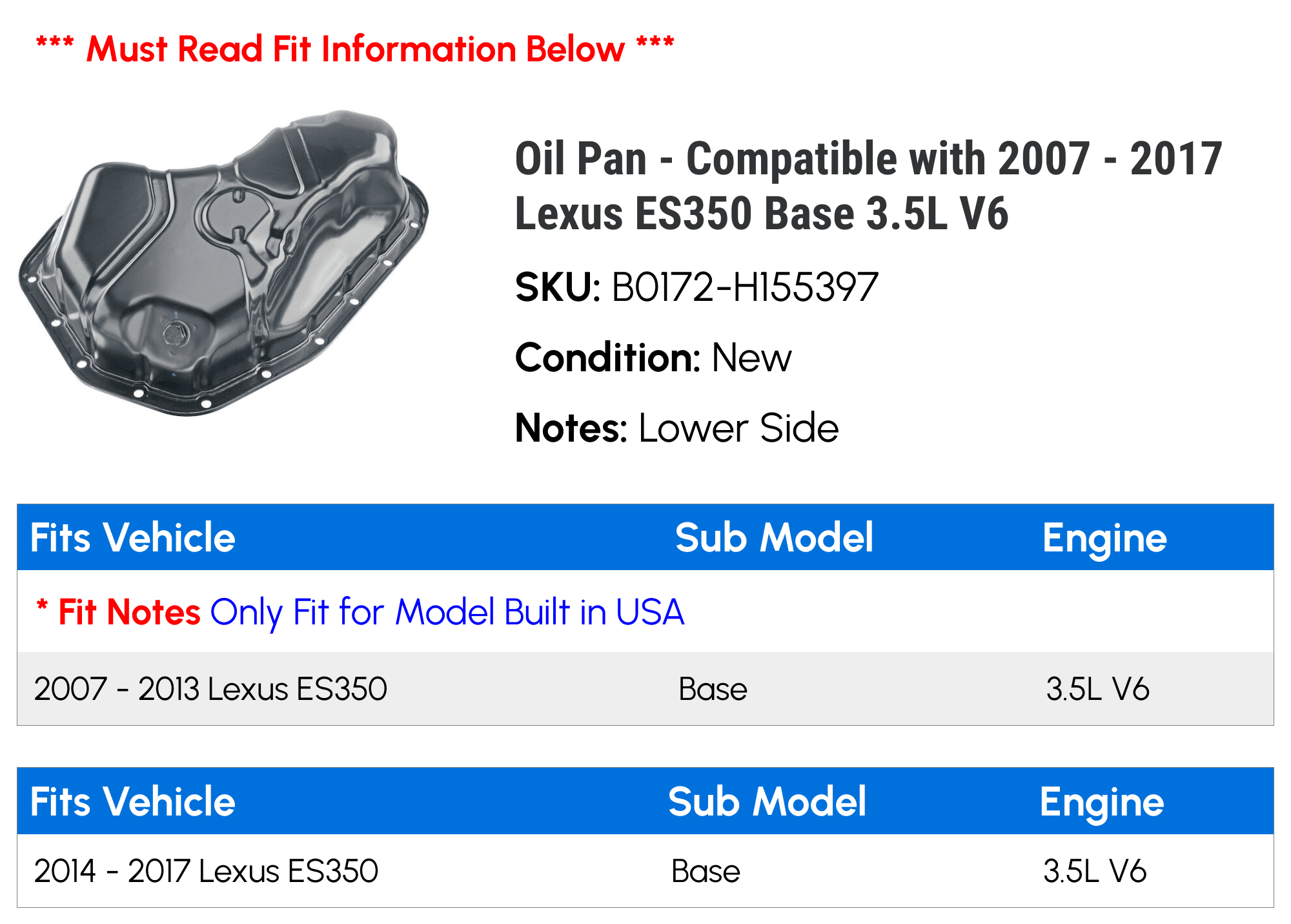 Oil Pan - Compatible with 2007 - 2017 Lexus ES350 Base 3.5L V6 - Autopart Premium