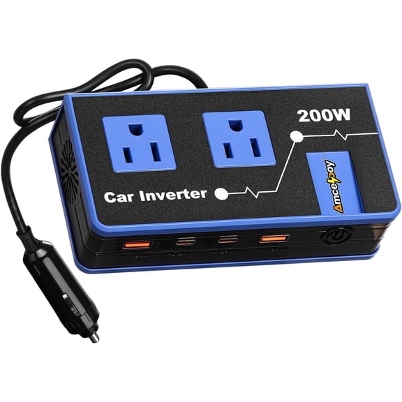 200W Car Power Inverter, MJMJ Dual DC 12V to 110V AC Car Outlet Adapter to Wall Plug, Fast Charging 24W USB-C & USB Ports, Portable Charger Converter with for Laptops, Phones(Blue)