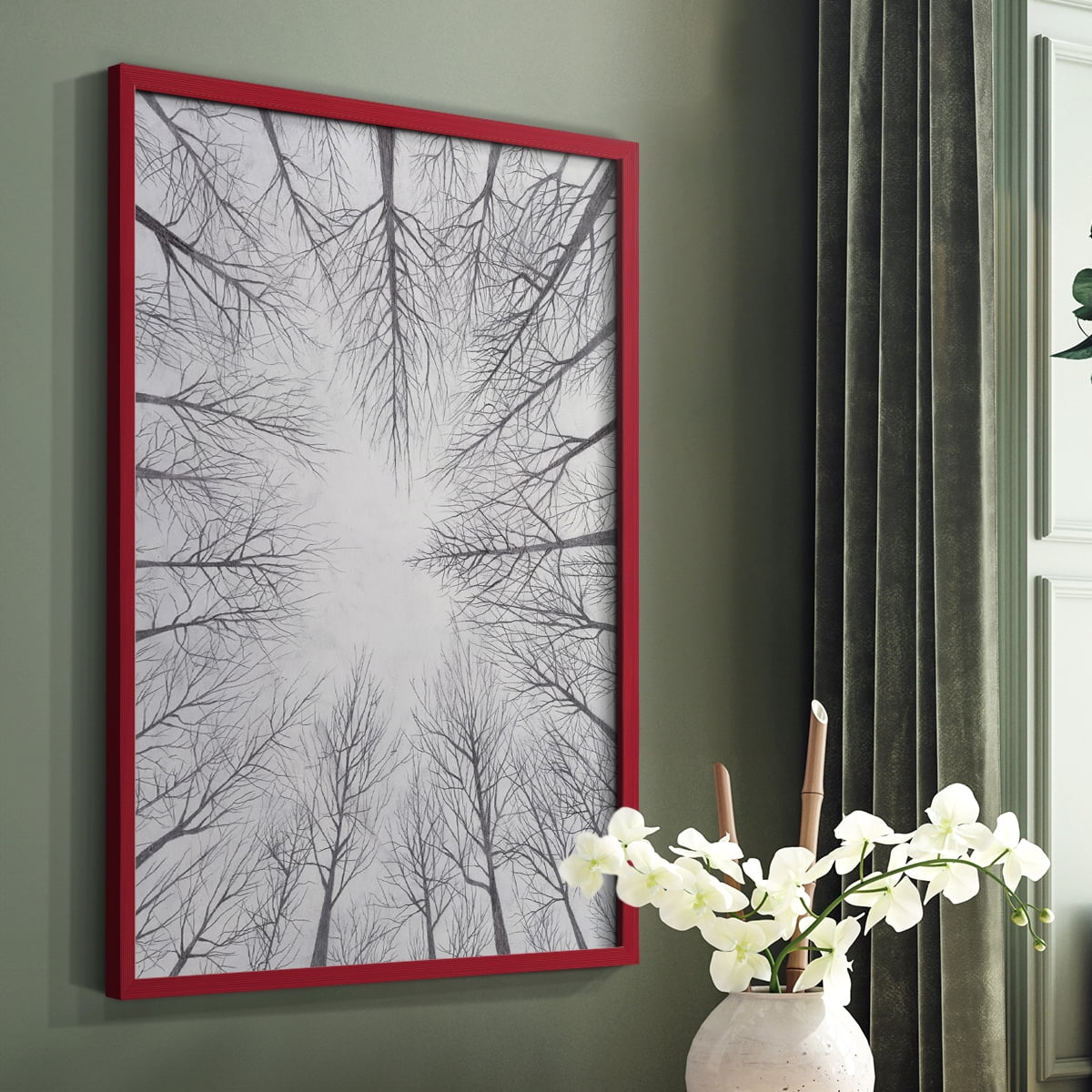 Deciduous Canopy I Framed Print in Red Solid Wood Framed Print No Nail Hanging