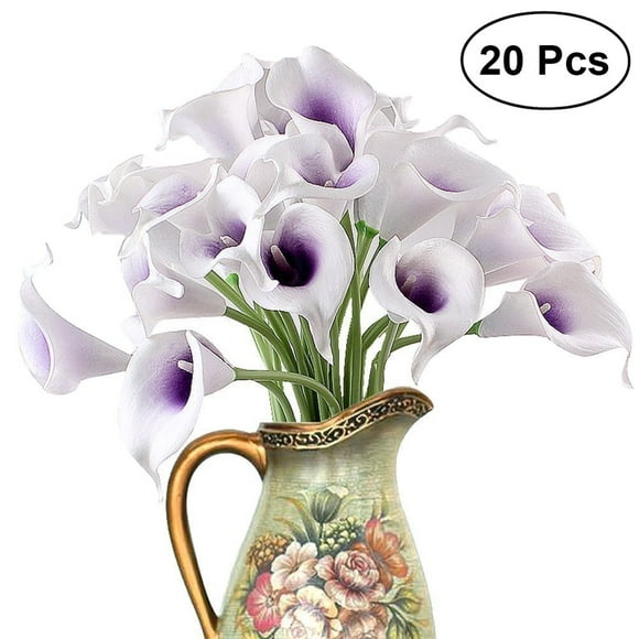 20pcs Artificial Calla Lily Bridal Wedding Bouquet Flowers Real Touch Decorative Bouquet (Purple & White)