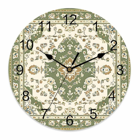 Silent Wall Clocks Battery Operated, Boho Vintage Round Decorative Wall Clock for Living Room Bedroom Kitchen Bathroom Classroom Decor, 12 Inch Ethnic Tribal Floral Pattern Green Beige