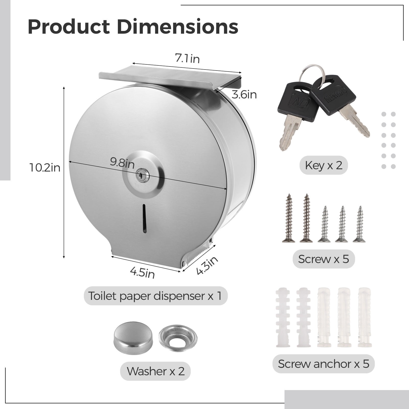 Commercial Jumbo Toilet Paper Dispenser, Wall Mount Stainless Steel 9.8 Inch Roll Toilet Paper Holder Bath Tissue Dispenser Lock Key