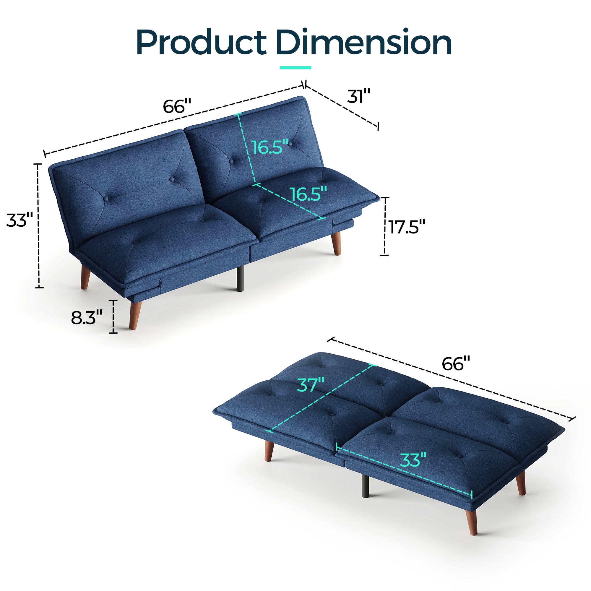 LINSY HOME Futon Sofa, Modern Sofa  Bed with Adjustable Armrests for Small Place and Apartment, Blue