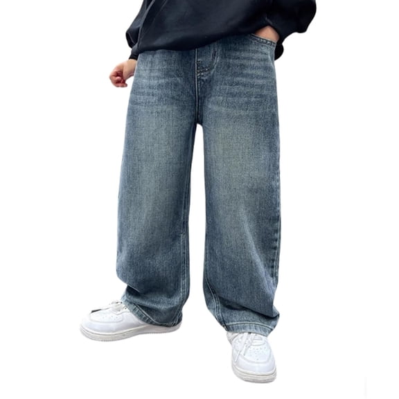 shqvo Baggy Jean High Waisted Straight Leg Wide Leg Jeans Boy Casual Baggy Fashion Long Trousers Streetwear with Pockets Blue 11-12 Years