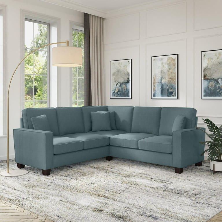 Stockton 86w L Shaped Sectional Couch In Turkish Blue Herringbone Fabric Com