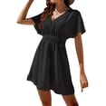 thumbnail image 4 of Coduop Women Summer Short Dresses Short Sleeve V Neck Ruffle Pleated Mini Dress Sunscreen, 4 of 7