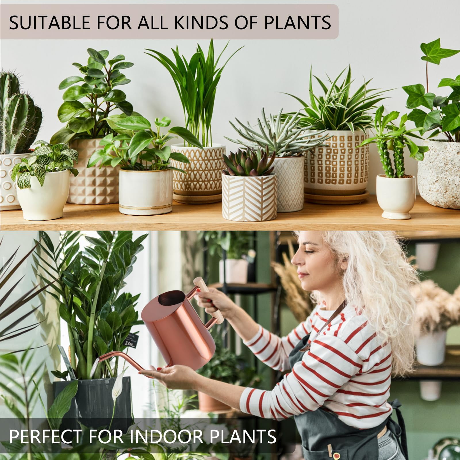 Watering Can Indoor Plants, 35oz Small Stainless Steel Metal Watering Can Modern Decorative Watering Pot with Long Spout for Indoor House Plant Bonsai Garden Flowers (Copper) - COPPER