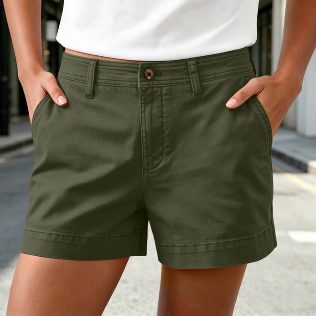 Neewe Bermuda Cargo Shorts for Women Casual Button Plain High Waisted Stretch Wide Leg Relaxed Fit