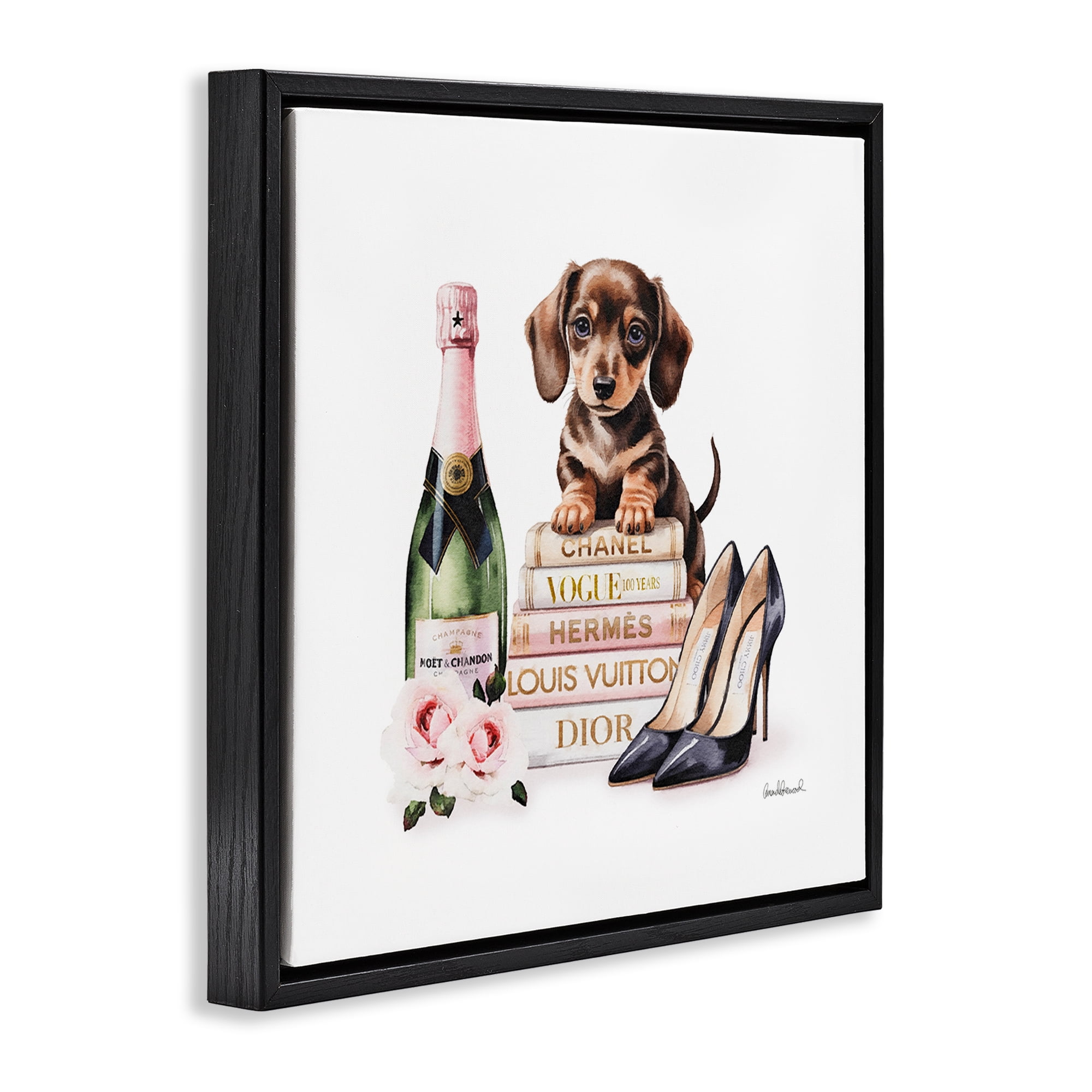 Stupell Industries Luxury Books & Puppy Black Framed Floater Canvas Wall Art, design by Amanda Greenwood