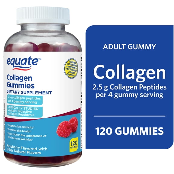 Equate Collagen Gummies 2.5g Collagen Peptides per Serving Rasberry Flavor 120ct Compare to Dietary Ingredients in Vital Proteins® Collagen Gummies