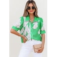 thumbnail image 4 of I AM A FASHION JUNKY Green Floral Ric Rac Edge Puff Sleeve Button Up Summer Shirt (Green, S, 100%Polyester), 4 of 8