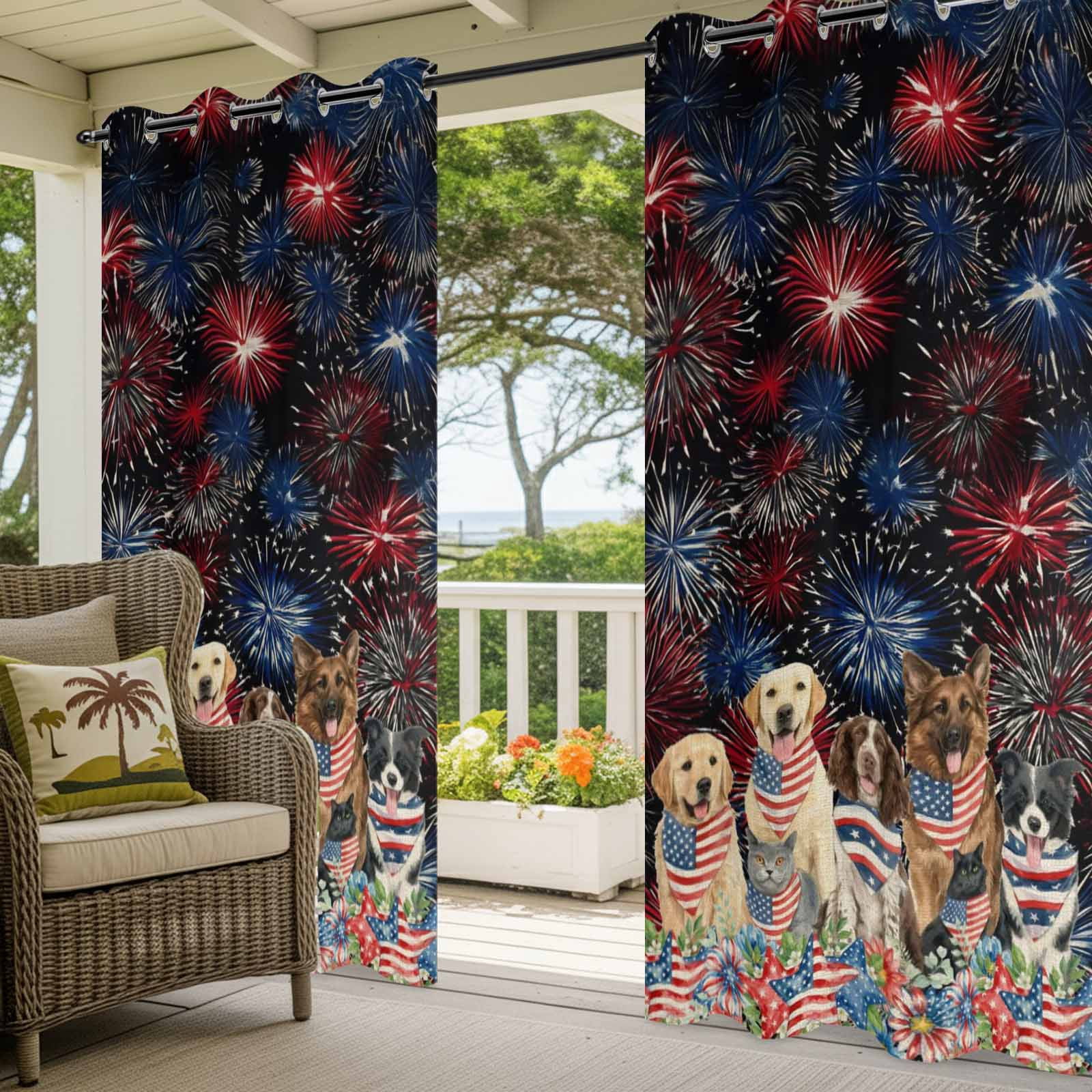 Independence Day Dog Cat Outdoor Curtains for Patio, Watercolor Red Blue Stripe Star Flag Firework Sunshade Privacy Drapes Grommet Waterproof Outside Curtains for Porch Balcony 54"x108", 1 Panel
