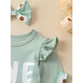 thumbnail image 5 of Liacowi 3pcs Baby Girls Birthday Outfits Set Long Sleeve Ruffle Letter Print Romper Tops + Daisy Print Suspender Skirt + Headband Set, 5 of 9