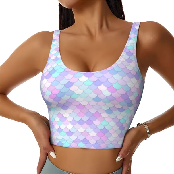 Fotbe Rainbow Scales Sujetador Deportivo Largo sin Aros para Mujer con Almohadillas y Soporte Medio, Transpirable y Absorbente, Camiseta Tipo Chaleco o Tank Top-Medium