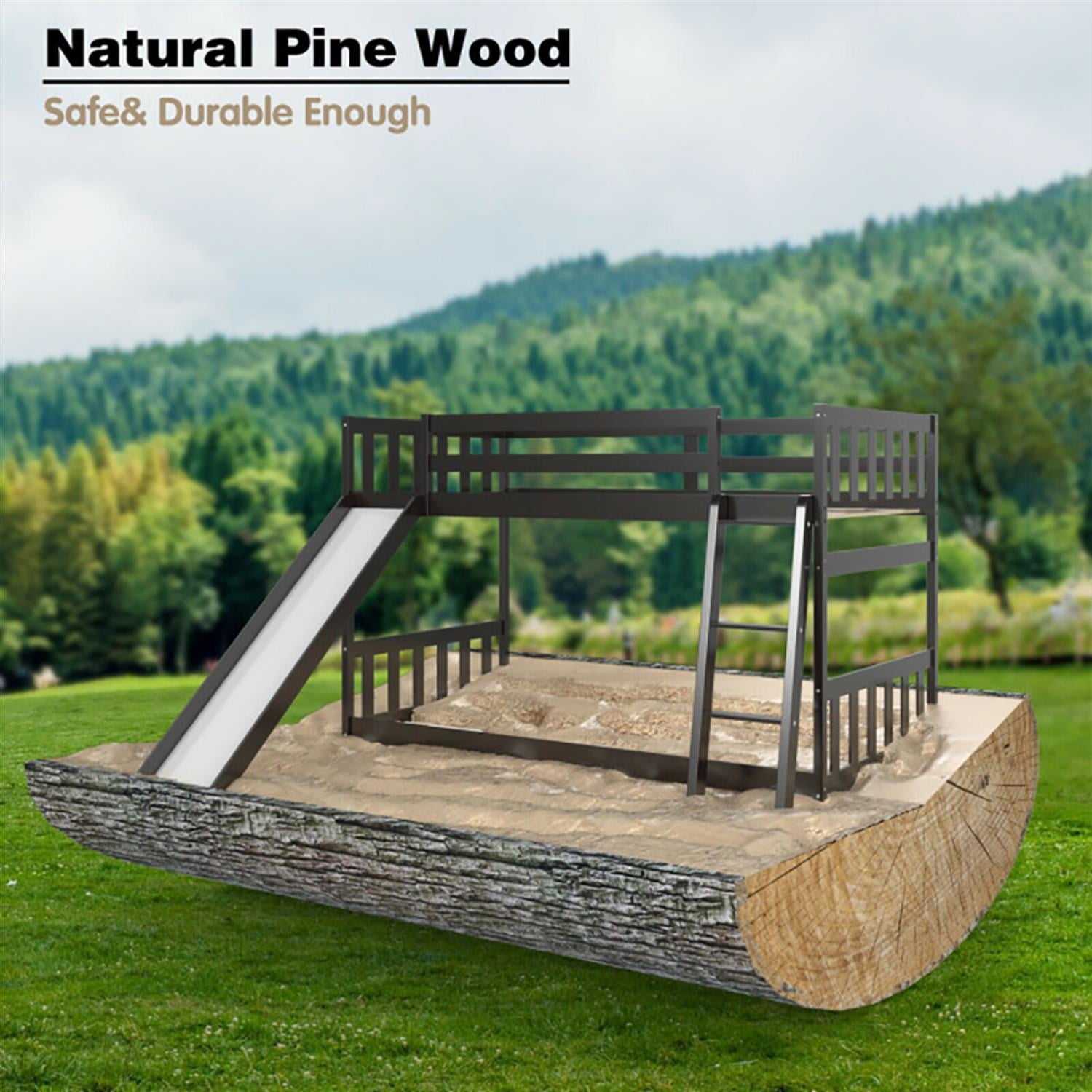 Demi Bonn Twin Over Twin Bunk Bed with High Guardrails and Slide Ladder, Twin Bunk Solid Wood Low Beds, Bed Frame, Brown