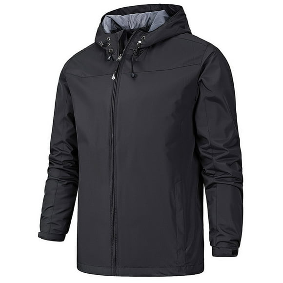Fashnice Mens Windbreaker Full Zip Outwear Solid Color Hooded Jacket Lightweight Sport Rain Jackets Black L