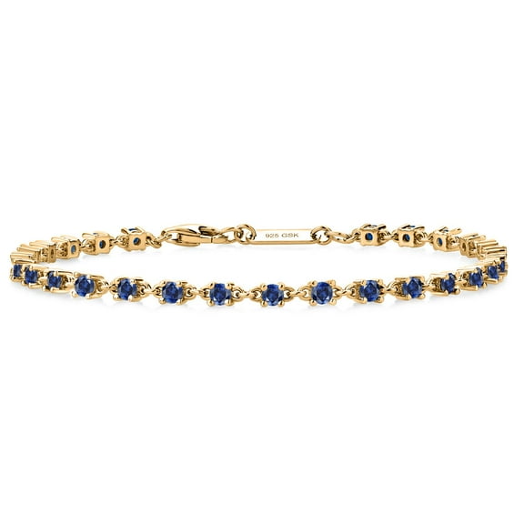 Gem Stone King 18K Yellow Gold Plated Silver Blue Created Sapphire Tennis Bracelet | 1.76 Cttw | Round: 2.5MM | 7 inch