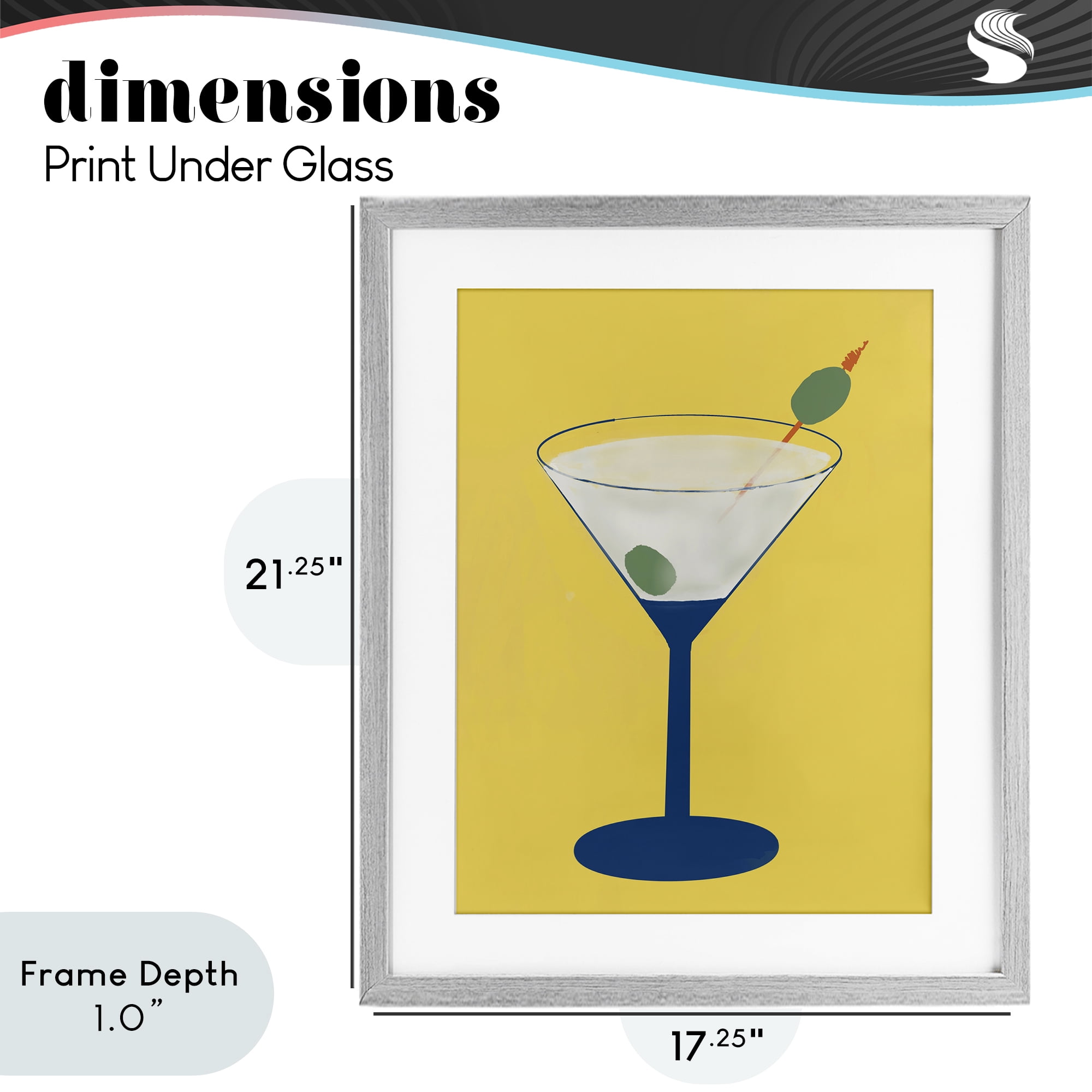 Stupell Industries Martini Glass over Yellow Gray Framed Print Under Glass, design by Robin Maria