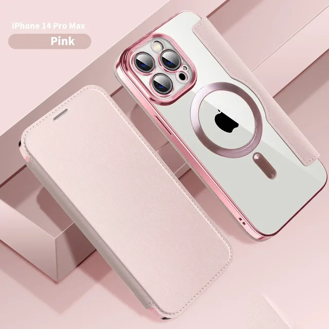 Electroplated Flip Leather Case for iPhone 16 15 14 13 12 11 Plus Pro Max for Magsafe Wireless Charging Protection Luxury Cover Pink For iPhone 12Pro Max