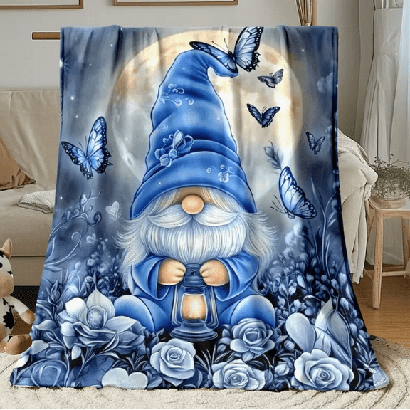 pc Blue Gnome & Butterfly Throw Blanket - Lightweight Flannel, Soft & Warm, All-Season Use for Sofa, Outdoor, Camping, Living Room, Office, Chair, and Bed - Digital Print, Hand or Machine Washable, C