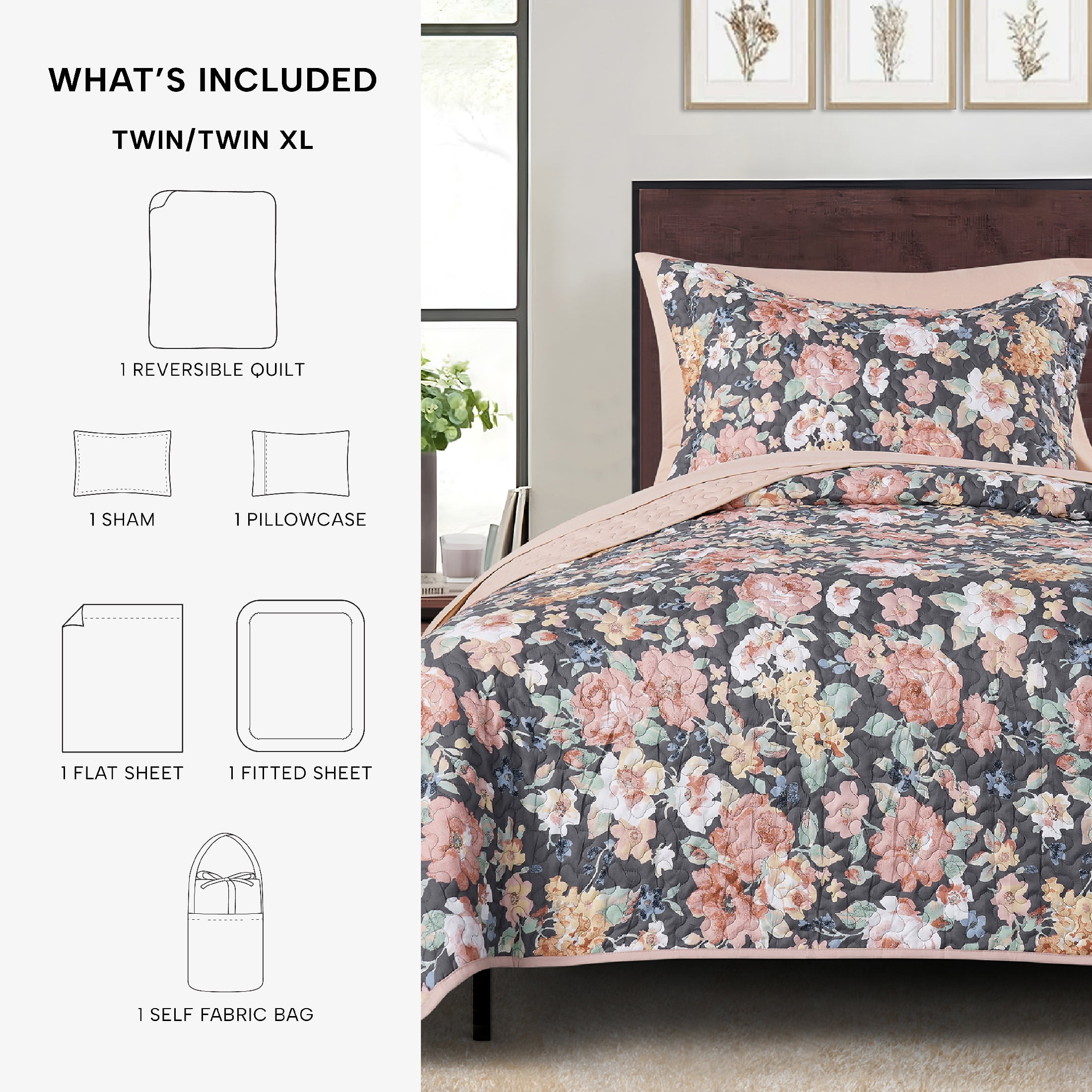 Mainstays All in One Lightweight Quilt Set and Sheet Set -7 Piece, Queen, Grey Floral