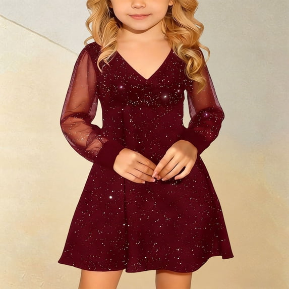 RMGVDSD Kids Girl's Sequin Dress Contrast Mesh Puff Long Sleeve High Waist A-Line Short Dress Formal Party Dresses Holiday Sundress Wedding Guest Dresses
