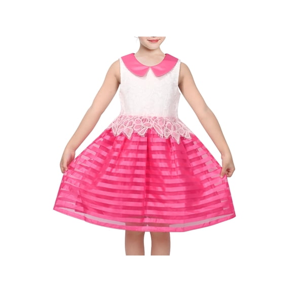 Sunny Fashion Girls Dress White Lace Sleeveless Pink Stripe Casual Party Sundress 4 Years