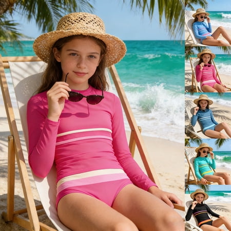 Xmyrz Toddler Swimsuit Girl Long Sleeve Striped Slim Fit Bikini Set UPF 50+ Girls Swimwear