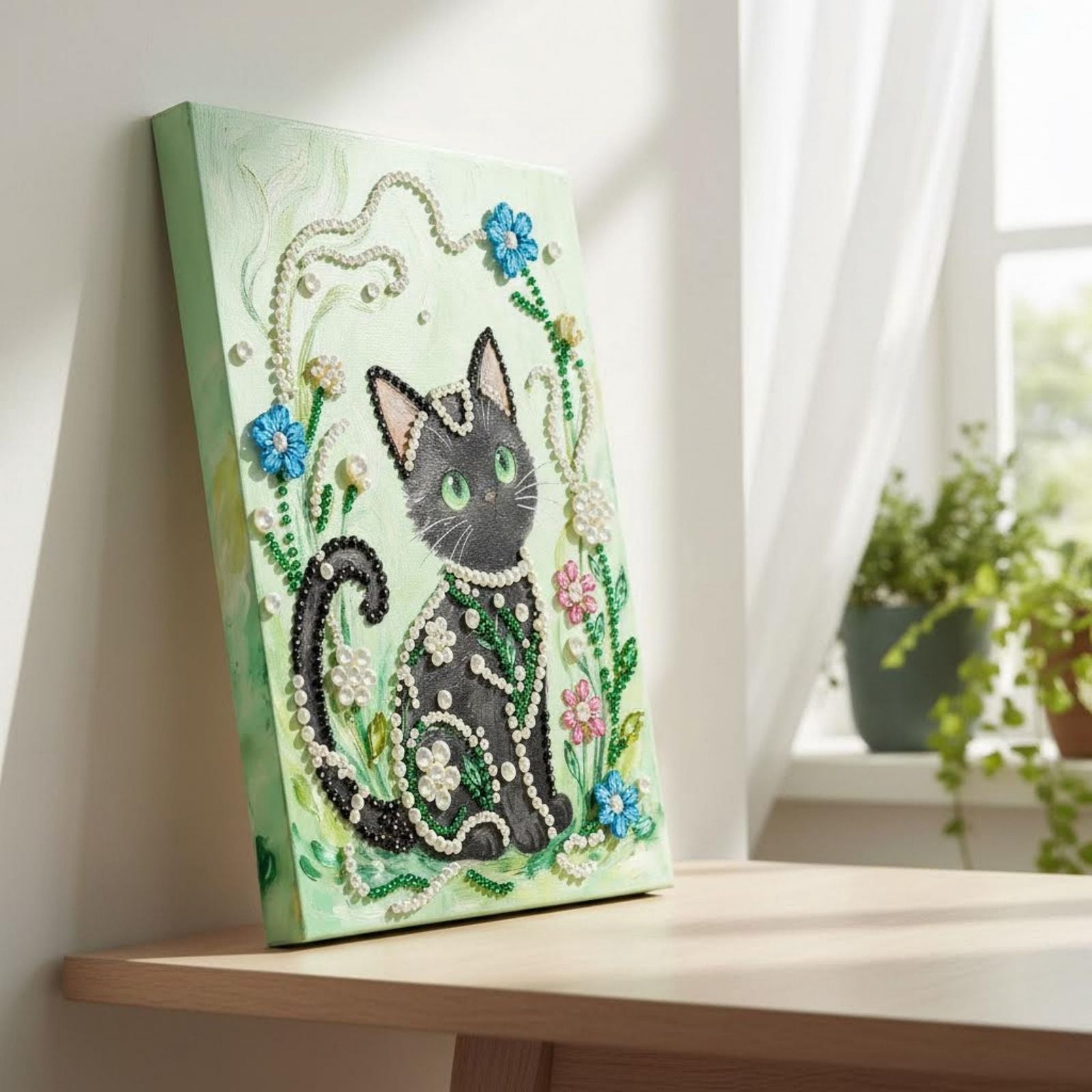 FLOPESN DIY Gemstone Pearl Diamond Art Painting Kit with Frame, 11.81x15.75in Colored Canvas, Home Decor Display for Tabletop and Wall -Black Cat