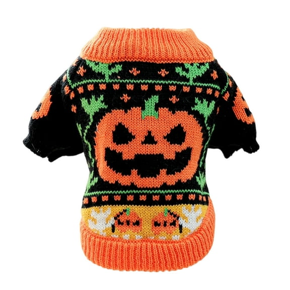 Halloween Pumpkin Pet Sweater for Small Dogs & Cats, 2-Leg Warm Knitwear Costume with Stretchy Collar Party Outfit