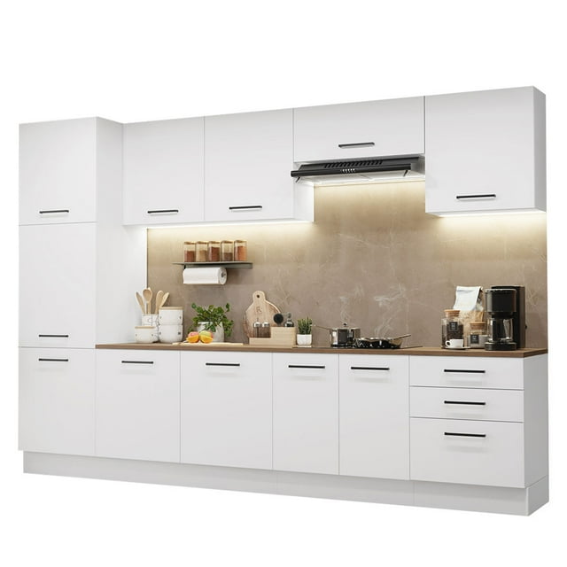 Madesa Hazel Kitchen Set Pantry Storage 3 Drawers 3 Wall Cupboards 3 Base Cabinets Multiple Compartments Organization - White