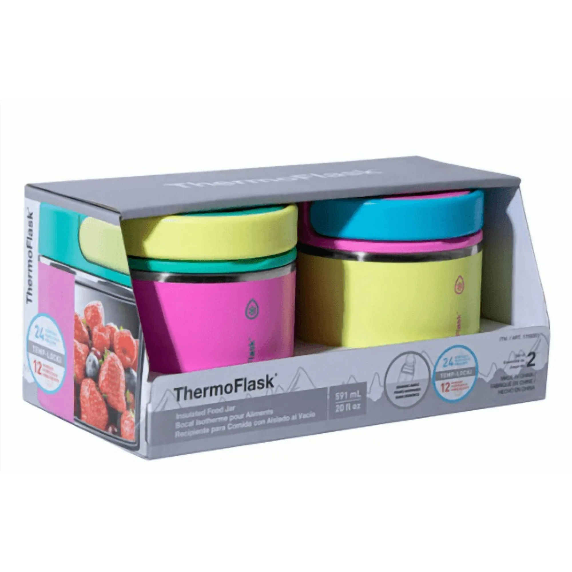 Thermoflask 20 oz Insulated Food Jar, 2-Pack, Pink and Blue, Hot 12 Hours Cold 24 Hours (Pink and Yellow)