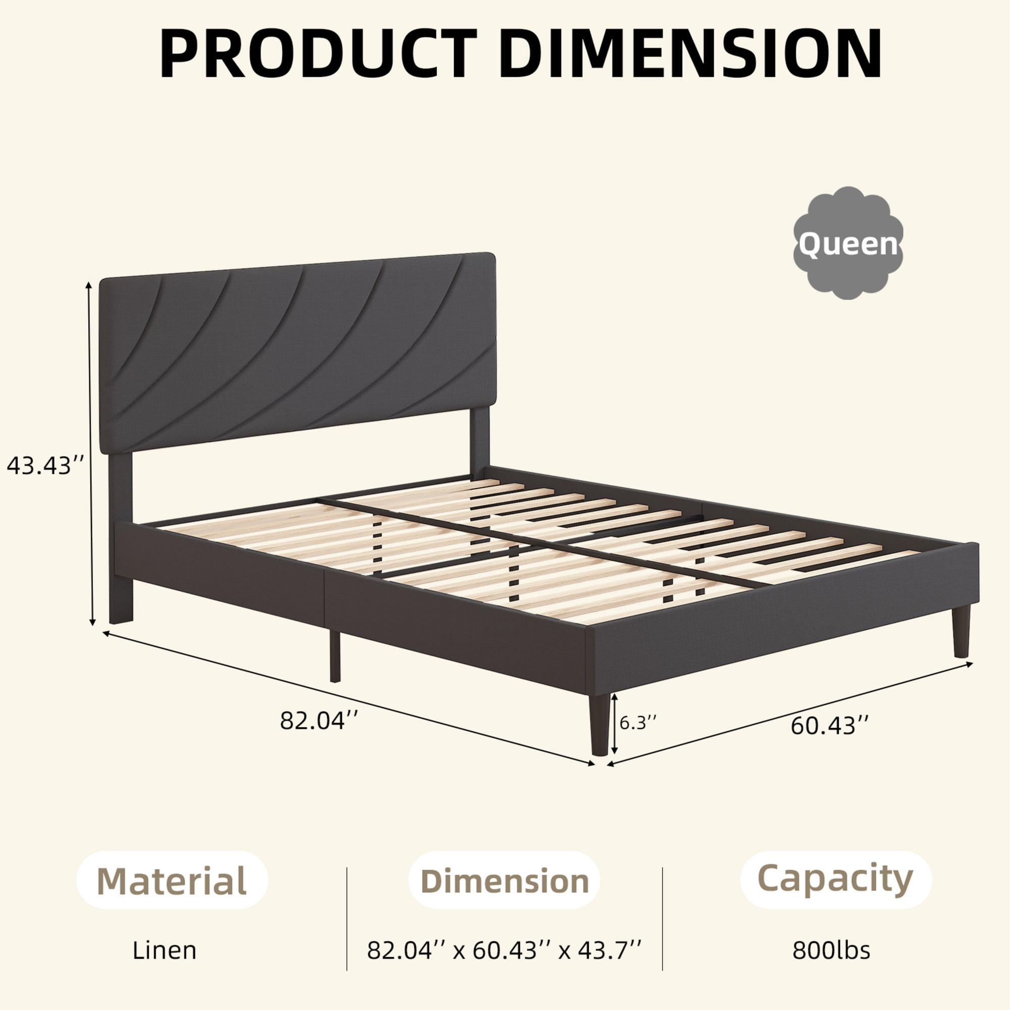4 EVER WINNER Queen Bed Frames,Queen Size Bed Frame with Linen Fabric Upholstered Headboard and Wooden Slats Support,Adjustable Headboard, No Box Spring Needed, Noise-Free, Easy Assembly, Black