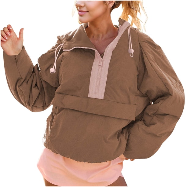 Chaquetas y abrigos casuales de manga larga sin capucha para mujer, jersey de cuello redondo, chaqueta acolchada de manga larga, holgada, con media cremallera y capucha con cordón ajustable.