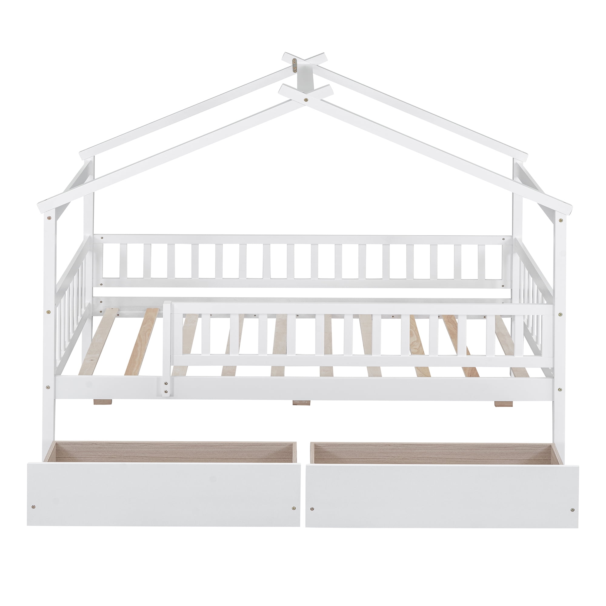 Bellemave Twin Size House Bed with Storage Drawers Playhouse Platform Bed Wooden House-shaped Bed Frame with Fence Guardrail (Twin size, White)