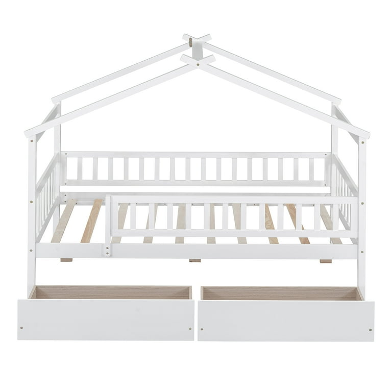 Bellemave Kids House Beds, Full Floor Bed With Fence Wood Cabin Bed Frame Can Be Decorated For Teens, Girls, Boys, Adults, White