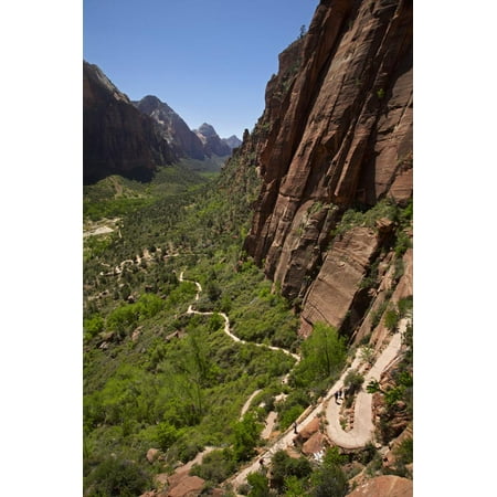 Utah, Zion National Park, Hikers Climbing Up West Rim Trail and Angels Landing Print Wall Art By David