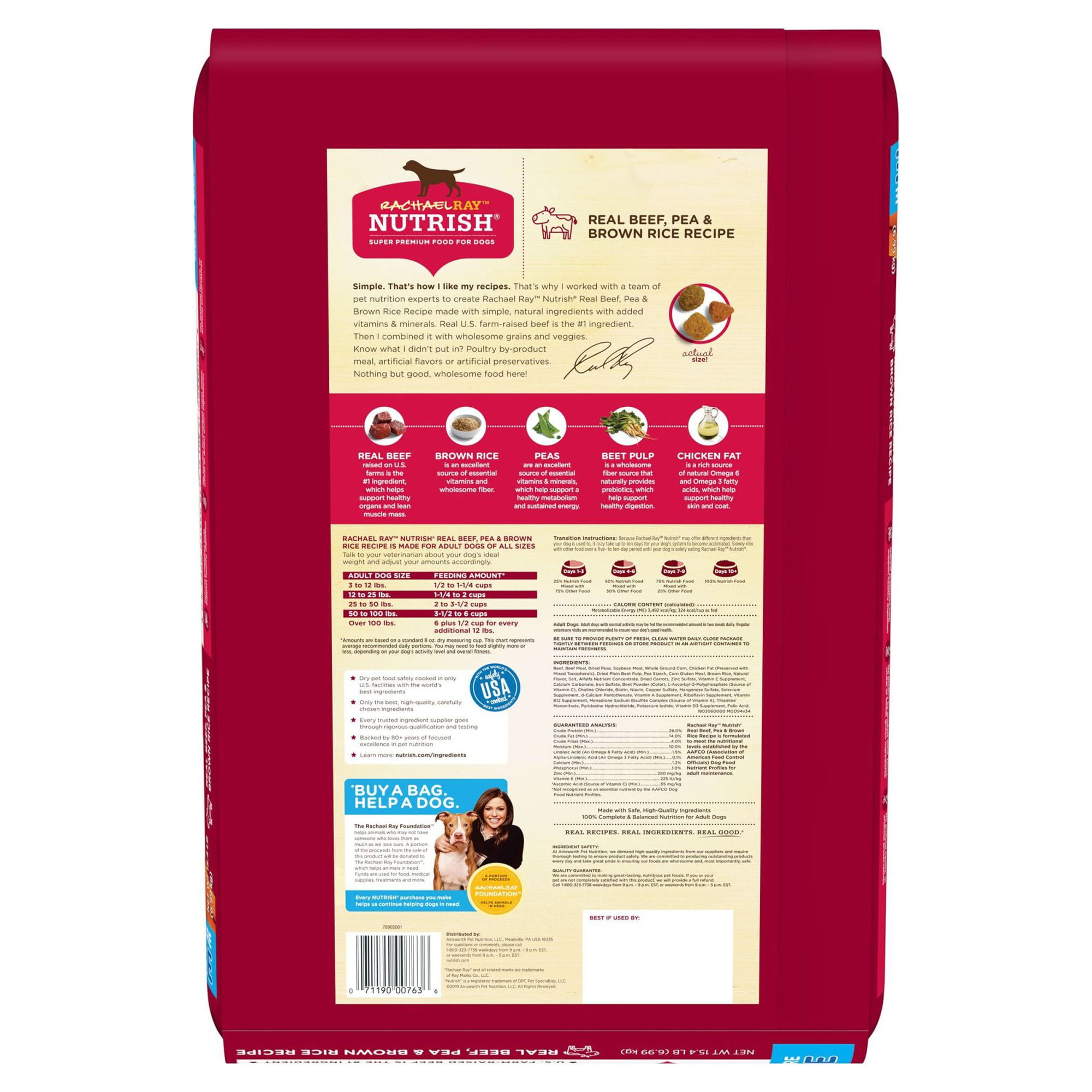 Rachael Ray Nutrish Natural Premium Dry Dog Food, Real Beef, Pea, & Brown Rice Recipe, 15.4 Lbs