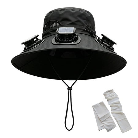 Solar Powered Fan Hat Black with 3 Built-In Fans Wide Brim Sun Hat with USB Charging Includes Ice Arm Sleeves for Men Women Fishing Gardening Hiking Camping Travel