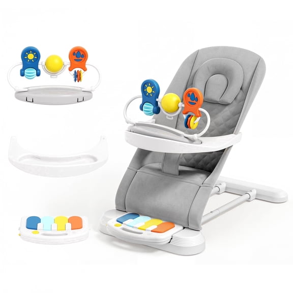 Babyomi 4-1 Baby Bouncer , 3-Level Recline Foldable Rocker for Infant to Toddler 0-6 with Detachable Pianos, Feeding Tray and Play Bar 12-24 Months, Girls and Boys Gift, Gray