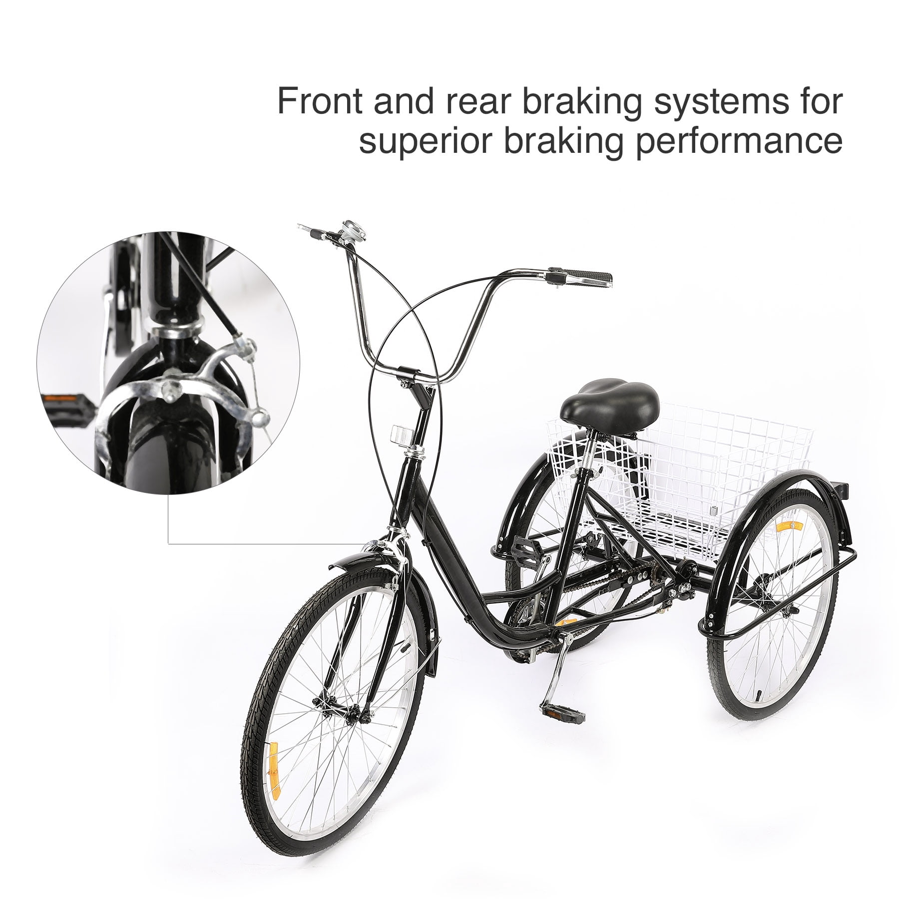 24" Adult Tricycle w/ Basket Brake & Fenders for Shopping & Outing, Black