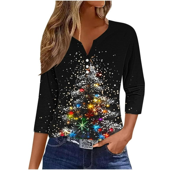 Fall Fashion Must Haves Women's Button Down V Neck Holiday Blouse with Christmas Tree Print 3/4 Sleeve Tops Tees Tshirts Women Fall Clothes