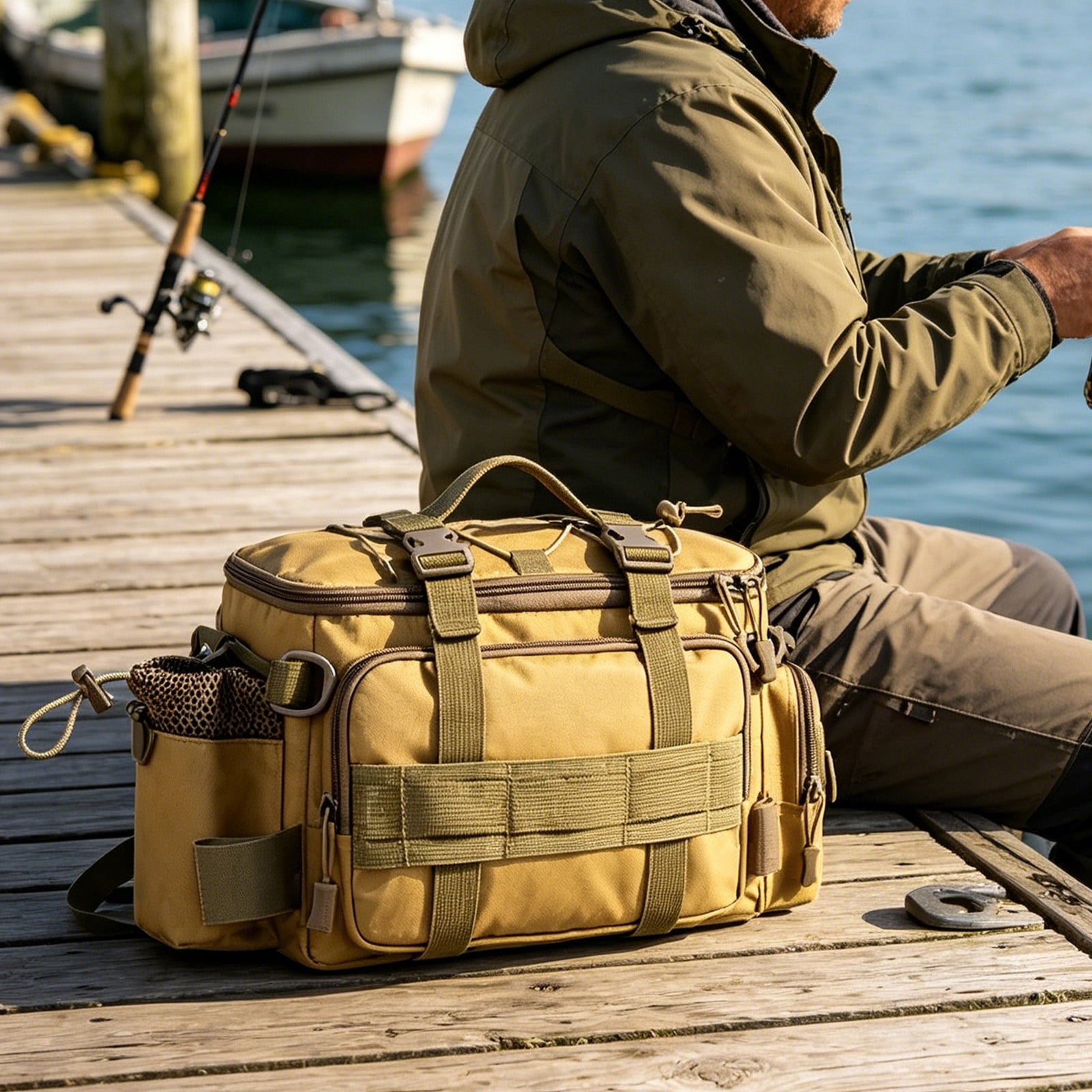 XINGXIANG-40cm Multifunctional Fishing Gear Bag Camo Durable Oxford Tackle Storage Bag with Adjustable Strap for Outdoor Sports (A)