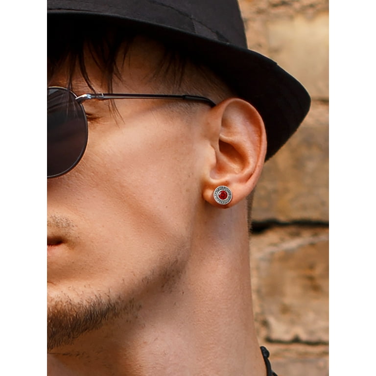 PROSTEEL Red Garnet Round Men Stud Earrings January Birthstone Cubic Zirconia Earring Sterling Silver Norse Viking Rune Jewelry Hip Pop Gift for Boy