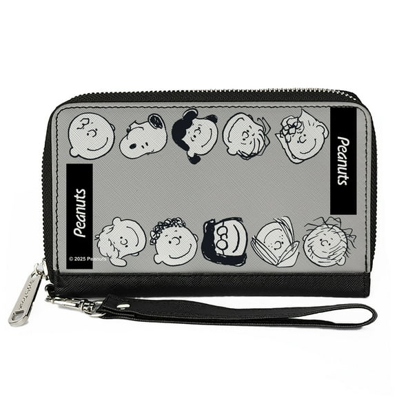 Peanuts Wallet, Zip Around, Peanuts Gang Ten Character Faces Gray Black White, Vegan Leather