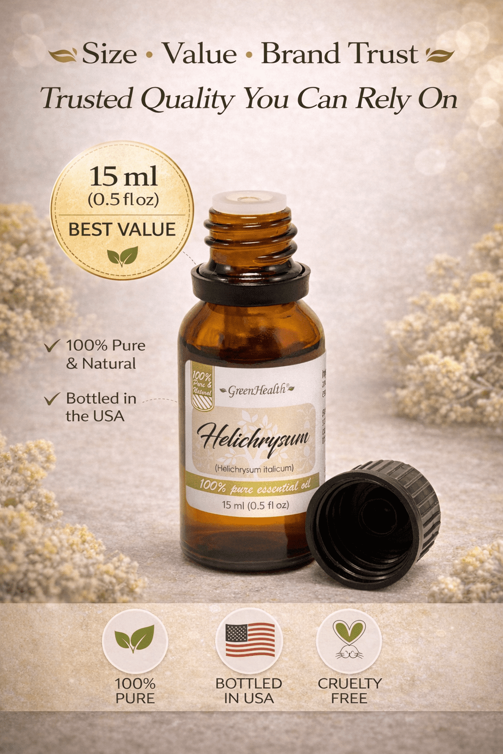 GreenHealth Helichrysum Essential Oil 15 ml (0.5 fl oz) – 100% Pure Immortelle Oil, Amber Glass Bottle w/ Euro Dropper – for Aromatherapy, Skincare, DIY Beauty & Massage Oils