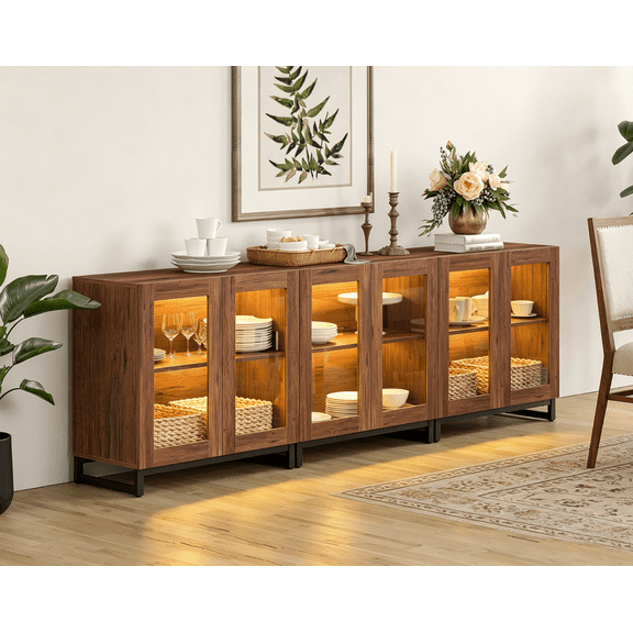 Modern Sideboard Buffet Cabinet with Glass Door & Drawer, Adjustable Shelf Credenza, Coffee Bar Storage Cabinet for Living Room & Kitchen,Brown