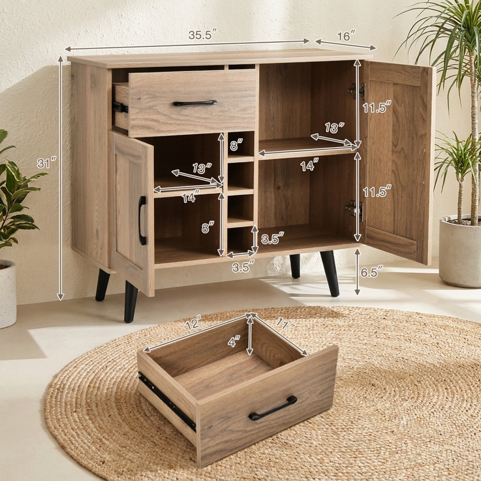 Furnibear 35.5" Modern Wine Bar Cabinet with Bottle Rack Storage with 1 Drawer and Adjustable Shelves for Living Room Dining Room - Natural